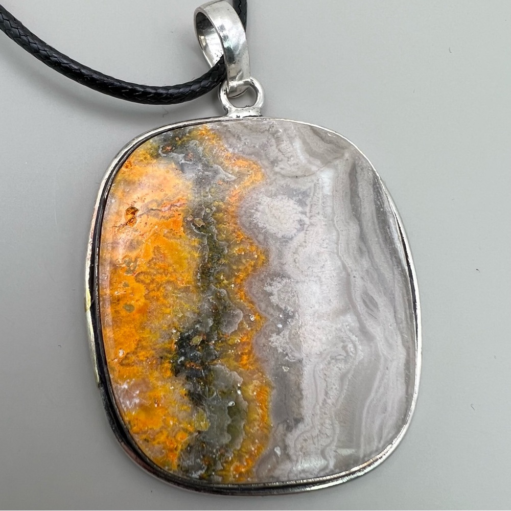 New Bumble Bee Jasper Stone Silver Overlay Pendant Necklace w cord
